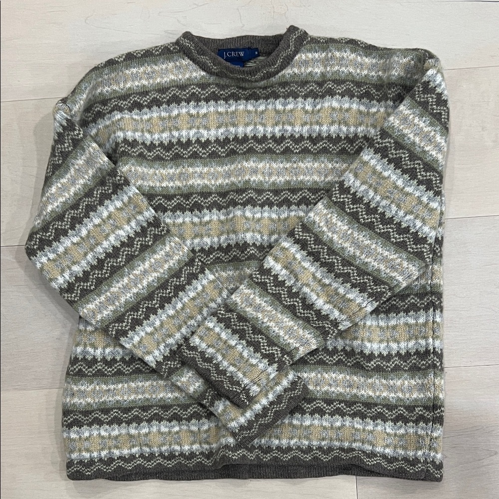 J. Crew Olive and Cream Fair Isle Crew Neck Sweater